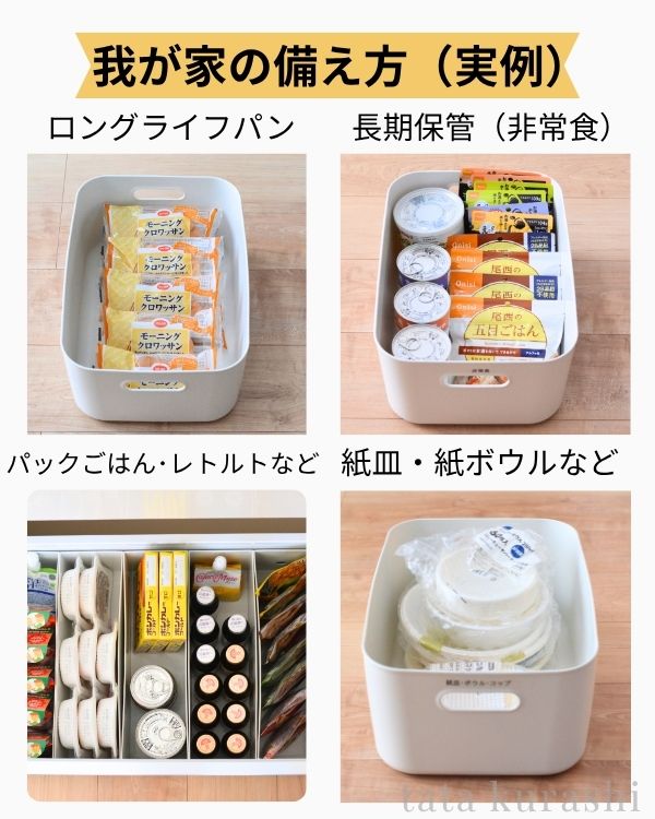 我が家の防災備蓄実例。ロングライフパン・長期保存の非常食・パックごはんレトルト・紙皿紙ボウルを無印良品のケースに収納している。