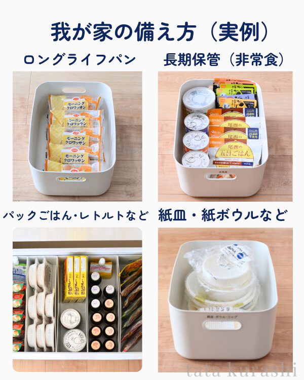 我が家の防災備蓄実例。ロングライフパン・長期保存の非常食・パックごはんレトルト・紙皿紙ボウルを無印良品のケースに収納している。
