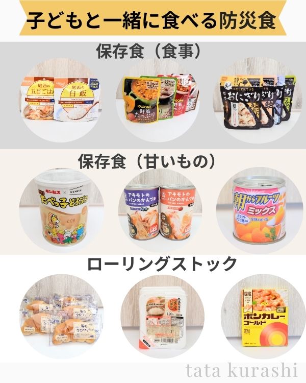 子どもと一緒に食べる防災食の一覧。食事系甘い系をバランスよく備えている図