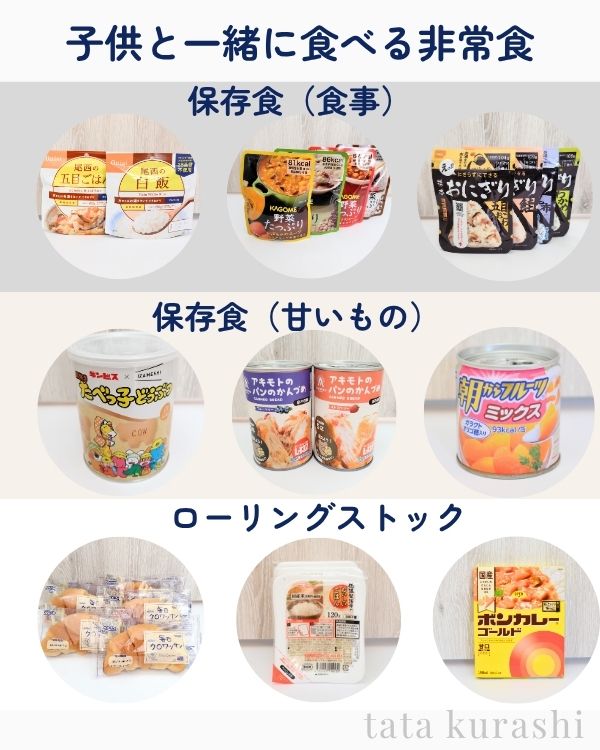子どもと一緒に食べる防災食の一覧。食事系甘い系をバランスよく備えている図