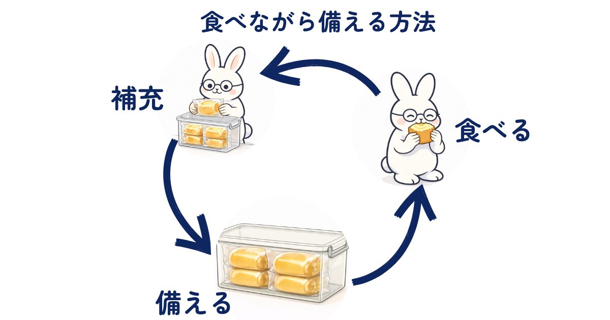 食べながら備えるローリングストックの仕組みを示した図（備える・食べる・補充のサイクル）