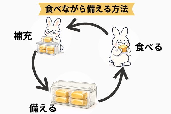 食べながら備えるローリングストックの仕組みを示した図（備える・食べる・補充のサイクル）