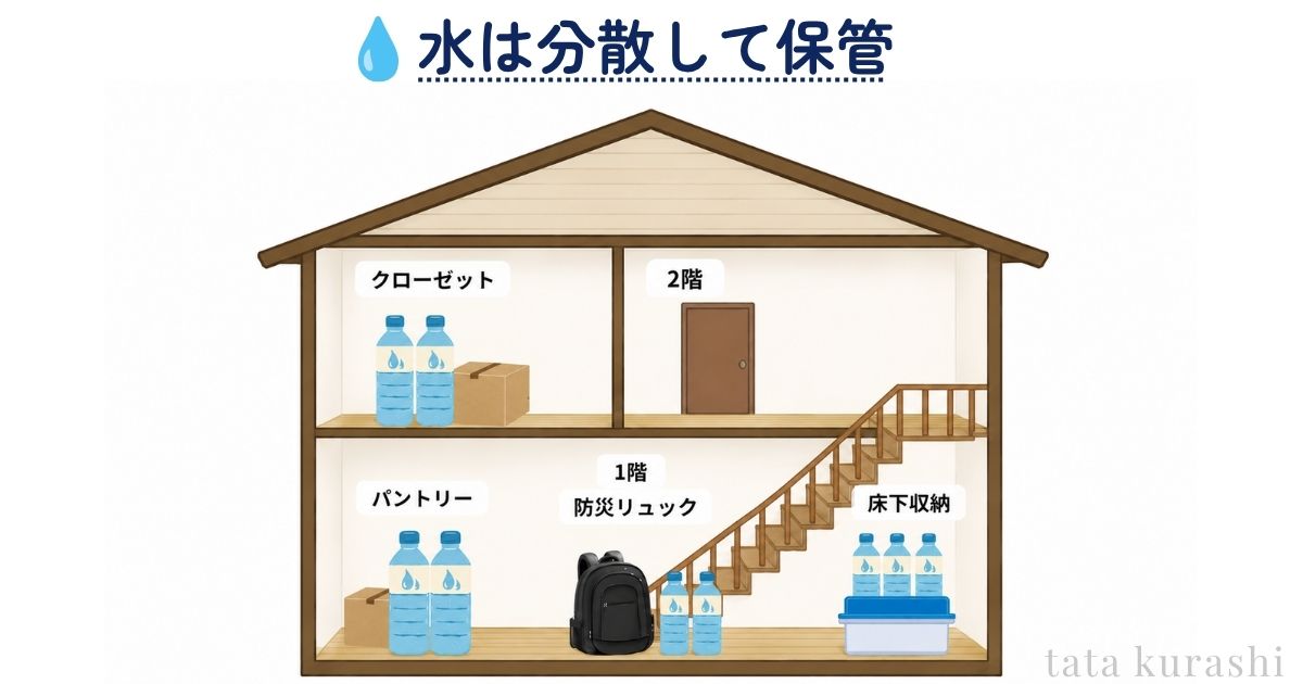 水を複数の場所に分散して備蓄する収納イメージ図