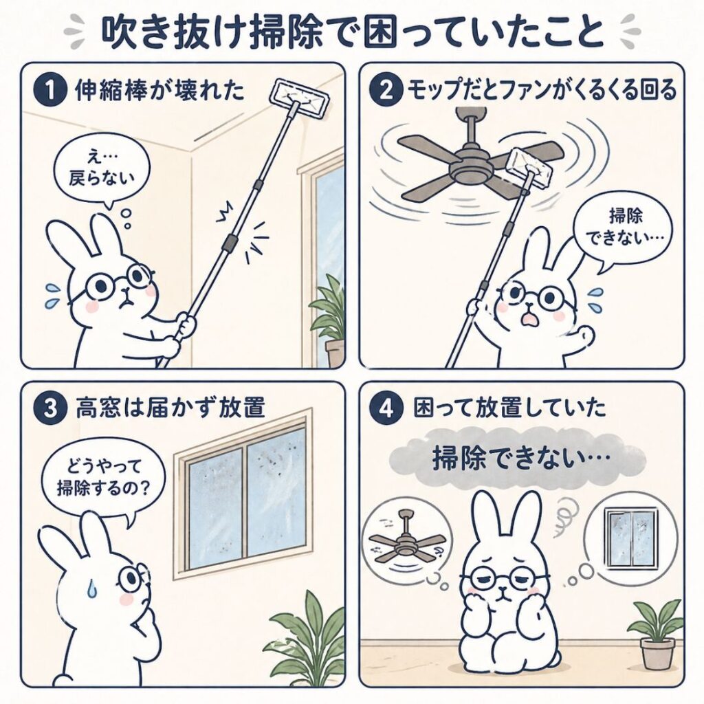 吹き抜け掃除で困っていた4つのこと：伸縮棒が壊れた・ファンがくるくる回る・高窓は届かず放置・困って放置していたイラスト