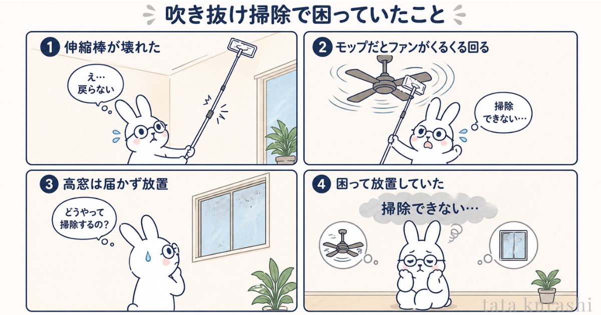以前の吹き抜け掃除で困っていたことをまとめたイラスト