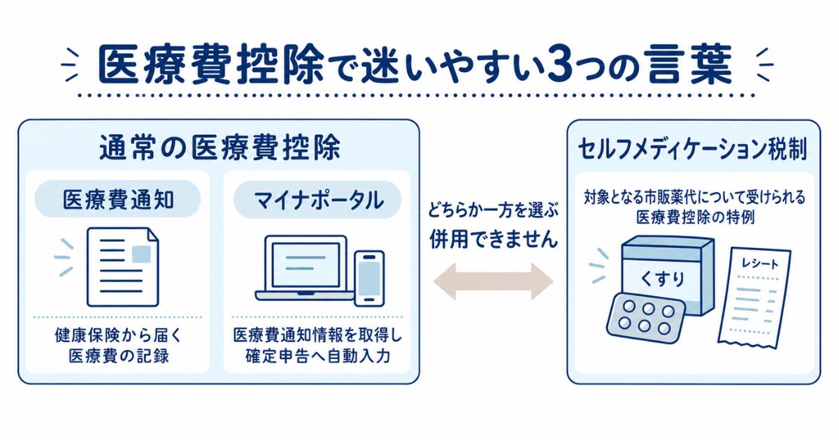 医療費通知・マイナポータル・セルフメディケーション税制の違いを示した図