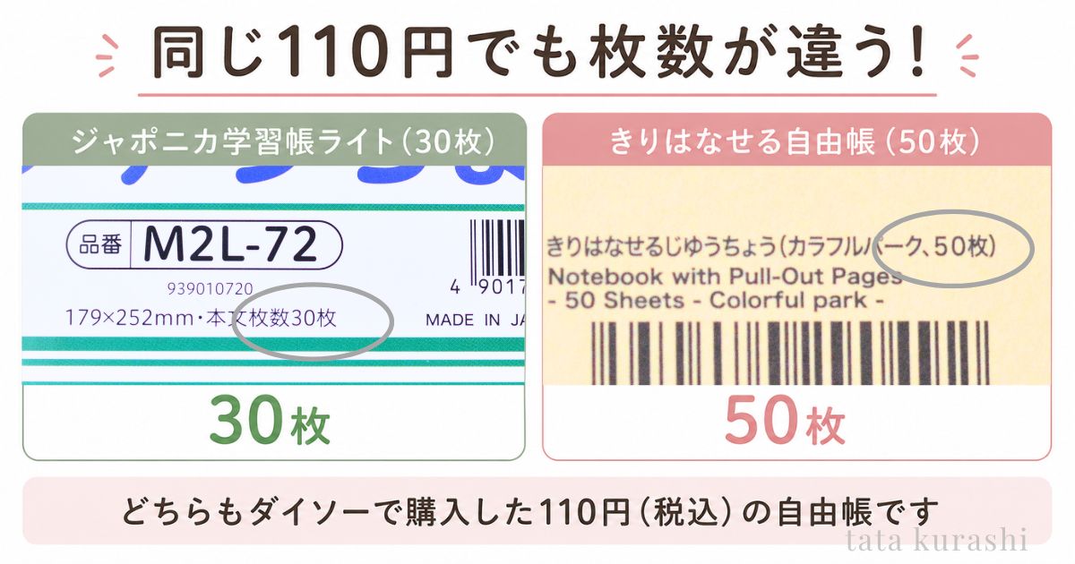 ダイソー自由帳の30枚入りと50枚入りの比較画像