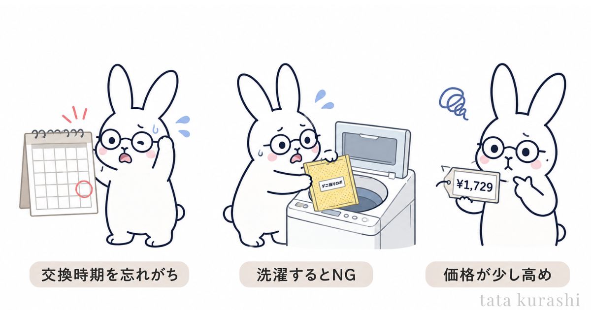 ダニ捕りロボのデメリット3つを表したイラスト・交換時期を忘れがち・洗濯するとNG・価格が少し高め