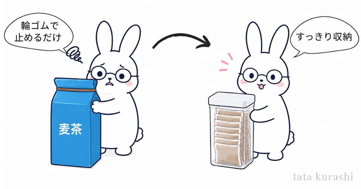 輪ゴムで止めるだけから容器ですっきり収納へのビフォーアフターイラスト