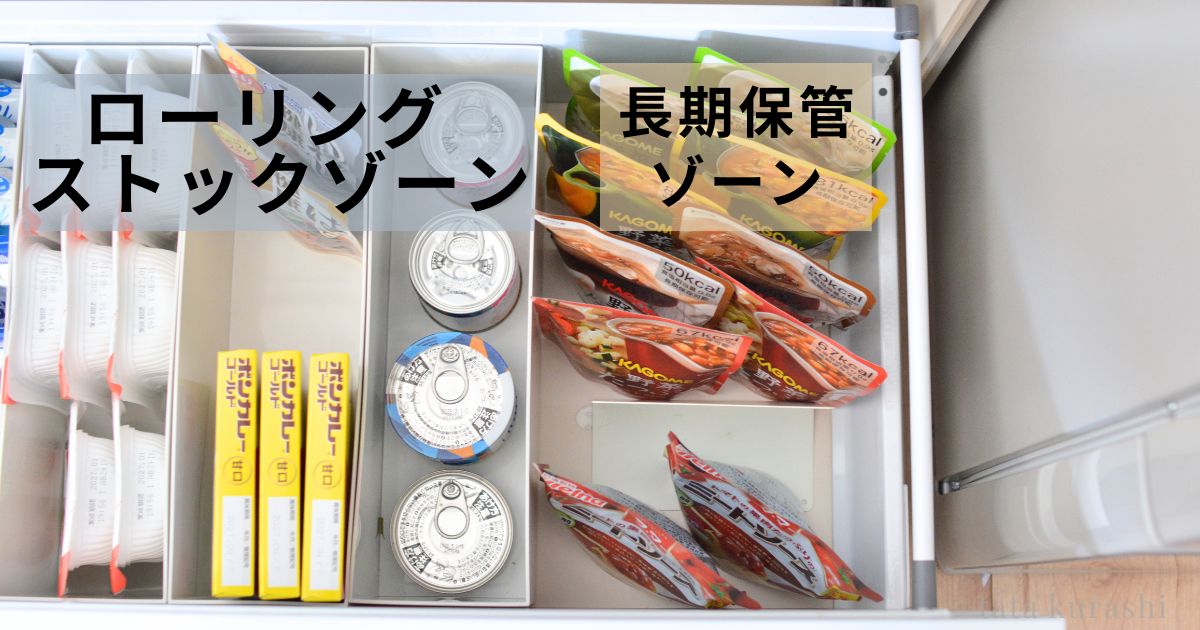 ローリングストックゾーンにレトルトカレー・缶詰・パックご飯を立てて収納した様子