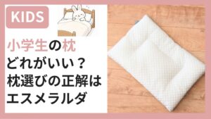小学生の枕選びにエスメラルダをおすすめするアイキャッチ画像。エスメラルダ枕の実物写真と「どれがいい?枕選びの正解はエスメラルダ」のテキスト入り
