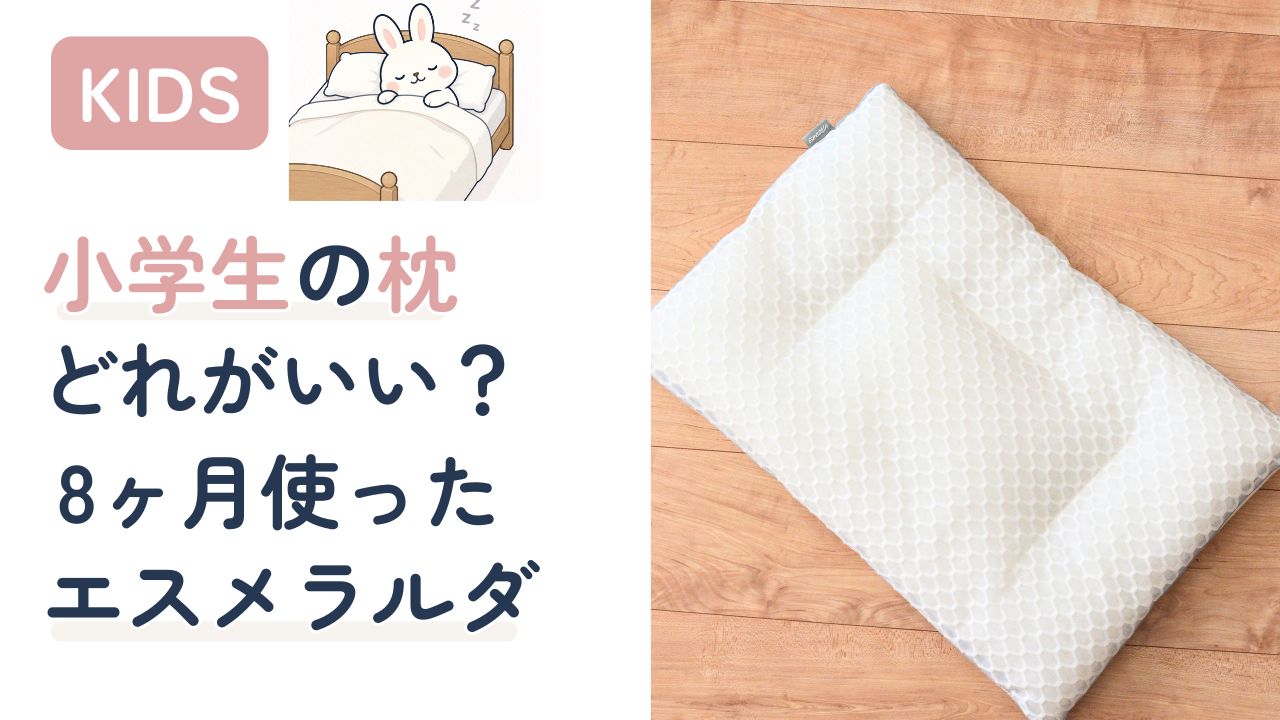 小学生の枕選びにエスメラルダをおすすめするアイキャッチ画像。エスメラルダ枕の実物写真と「どれがいい?枕選びの正解はエスメラルダ」のテキスト入り