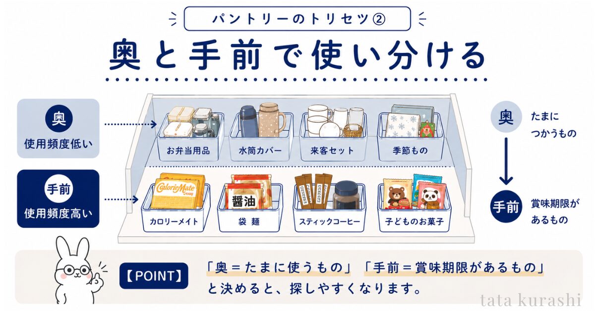 奥行きのあるパントリー収納を奥と手前で使い分ける図解。奥にたまに使うもの、手前に賞味期限のある食品を置く