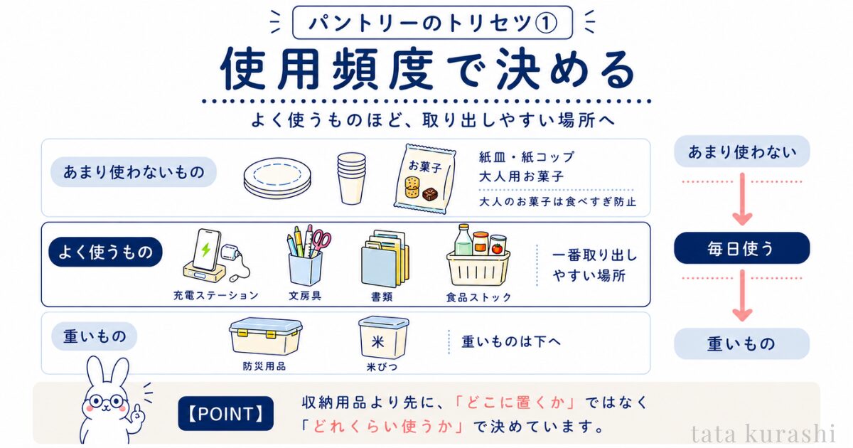 パントリー収納のレイアウトを使用頻度で決める図解。上段はあまり使わないもの、中段によく使うもの、下段に重いものを置く
