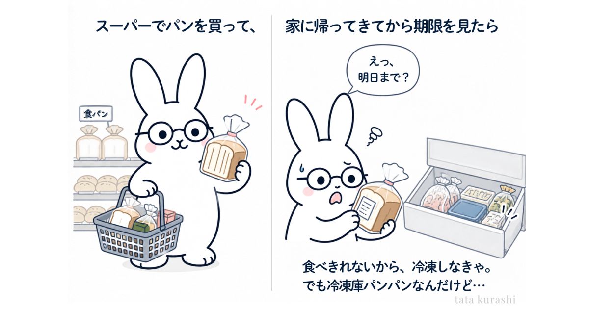 スーパーで買ったパンの期限が短く、冷凍庫もいっぱいで困っている様子